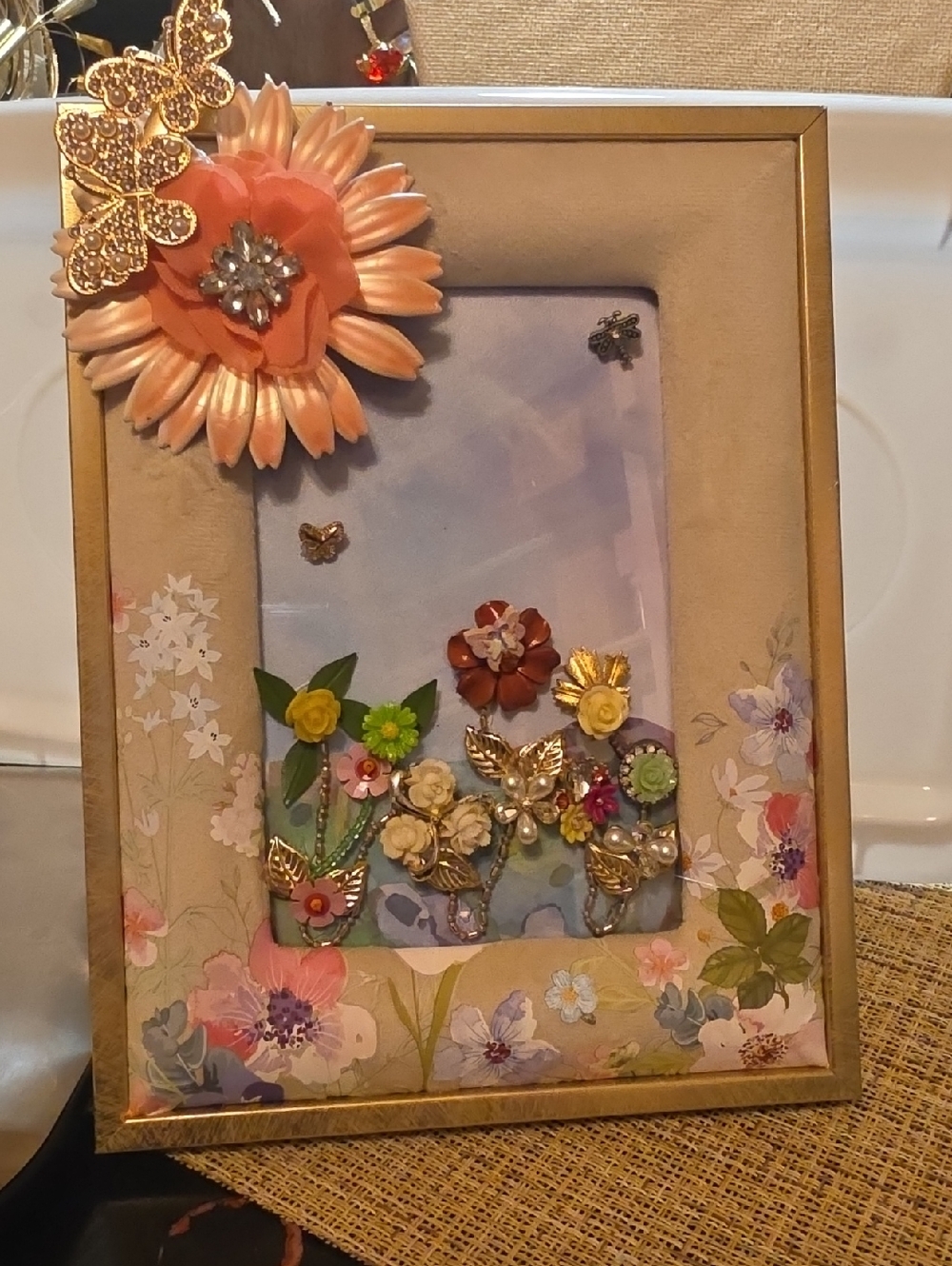 Floral Embellished Wall Art Frame - Peach and Gold